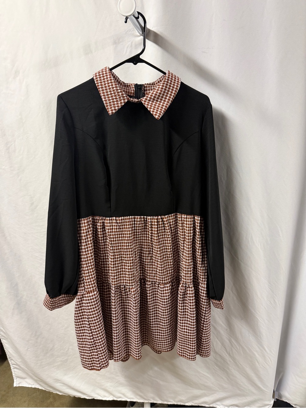 SHEIN Black Dress with Brown Gingham Collar & Tiered Skirt